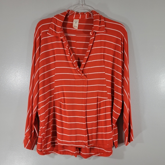 WE THE FREE Can't Fool Me red orange striped versatile tie front pull-over top - Picture 3 of 12
